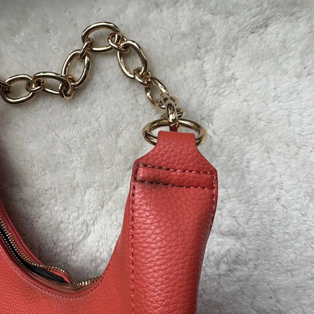 Forever 21 Coral Red Pebbled Vegan Leather Crescent Hobo Bag Gold Chain Handle